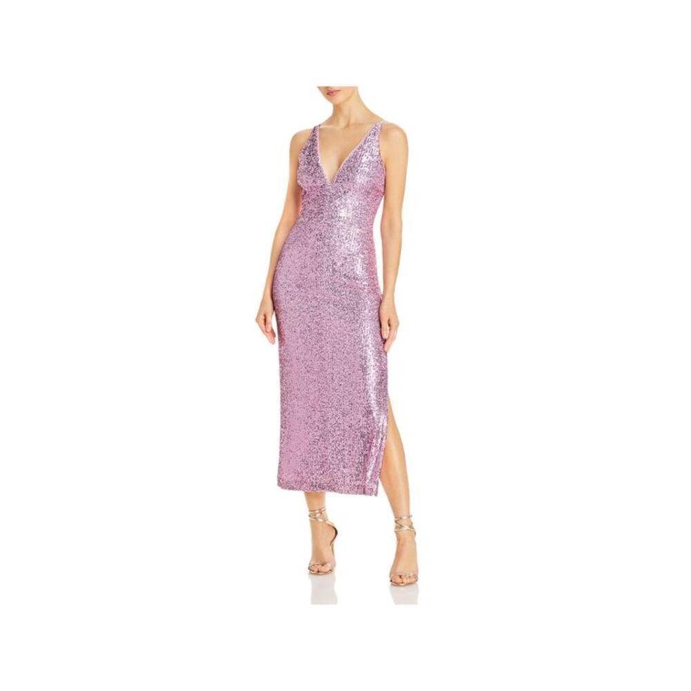 AQUA FORMAL Womens Purple Side Slit Lined Spaghetti Strap Midi Sheath Dress 2